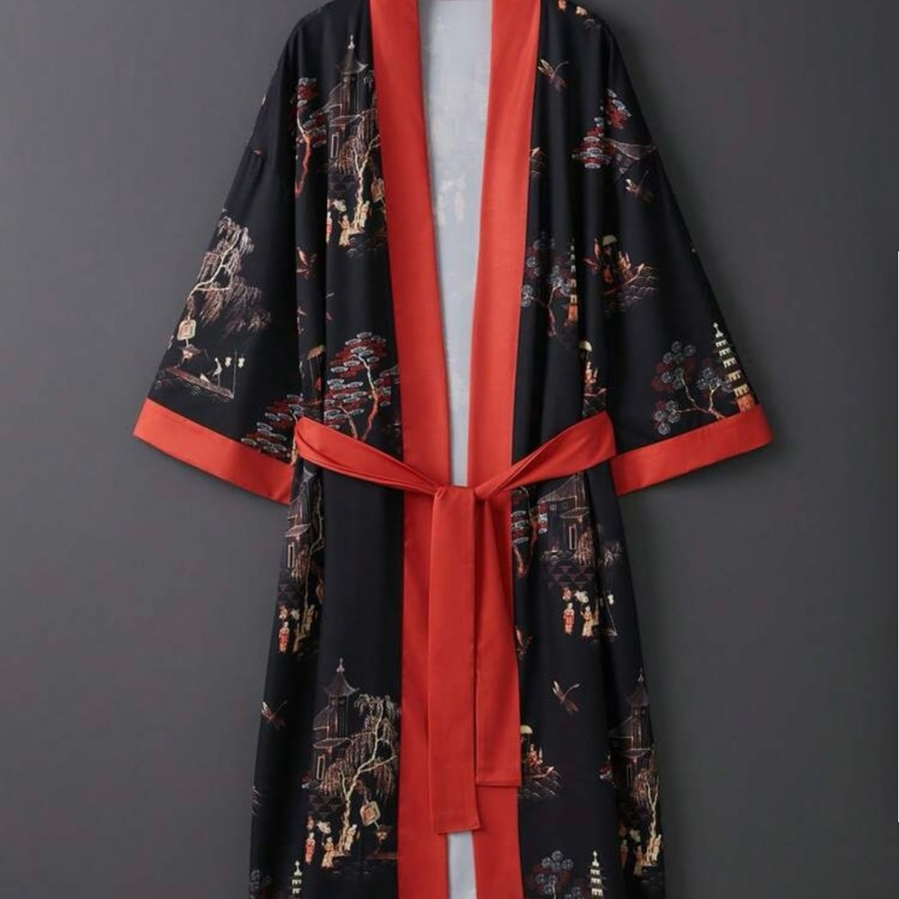 Elegant Black and Orange Women's Kimono Robe - Picture 7 of 8